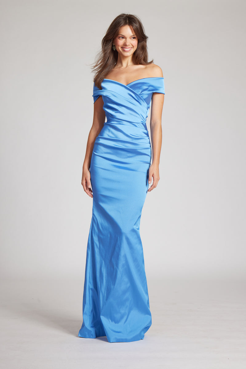 Sheath/Column Off-the-Shoulder Stretch Satin Ruffles Split Side Mother of the Bride Dresses Floor-Length Short Sleeves