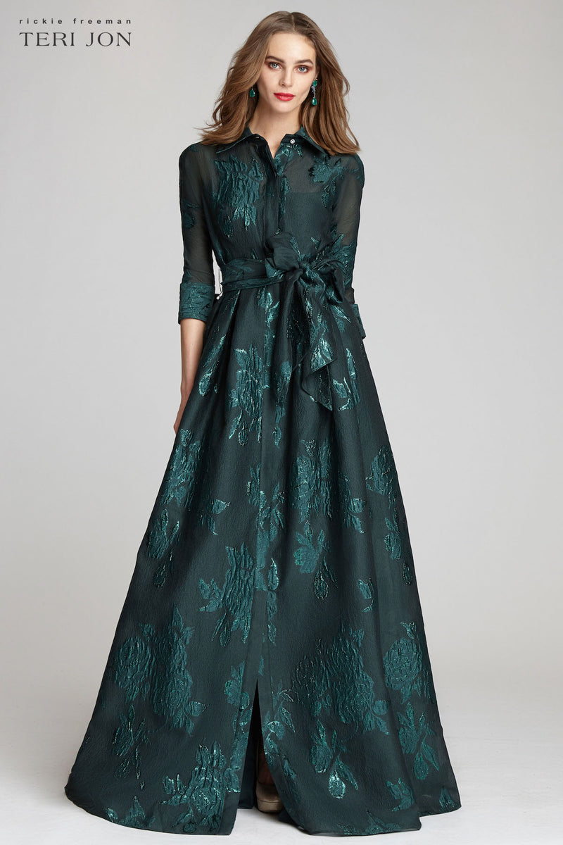 Metallic Jacquard Shirtdress Gown with Floral Print