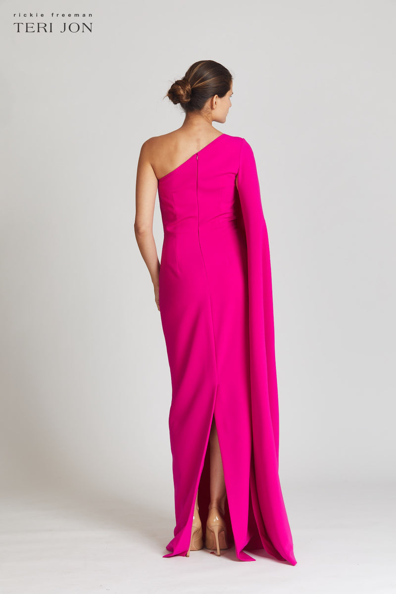 Stretch Crepe Cape One Shoulder Sleeve Gown | Teri Jon