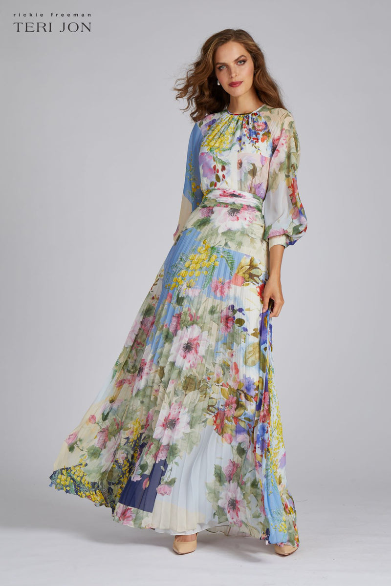 Patchwork Print Pleated Maxi Gown | Teri Jon – Terijon.com