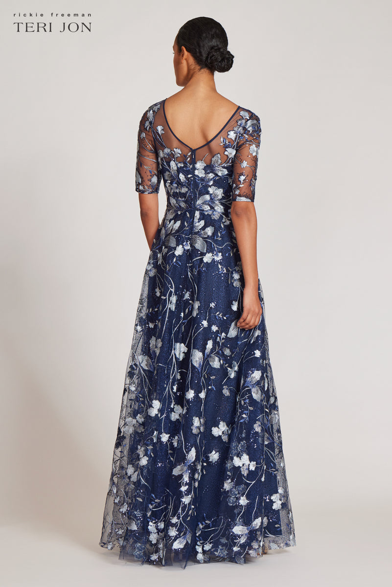 Rickie Freeman for Teri Jon Embroidered Tulle Gown Navy Silve