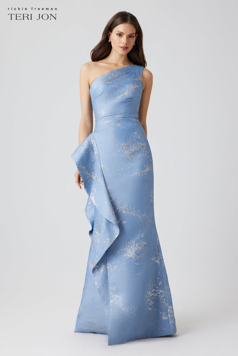 Metallic Jacquard One Shoulder Side Ruffle Gown – Terijon.com
