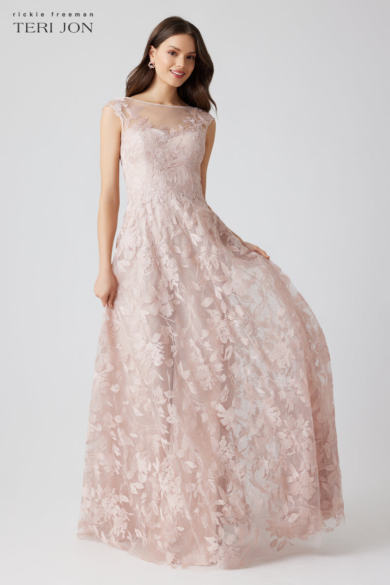 Metallic Tulle Leaf Pattern Sleeve Gown – Terijon.com