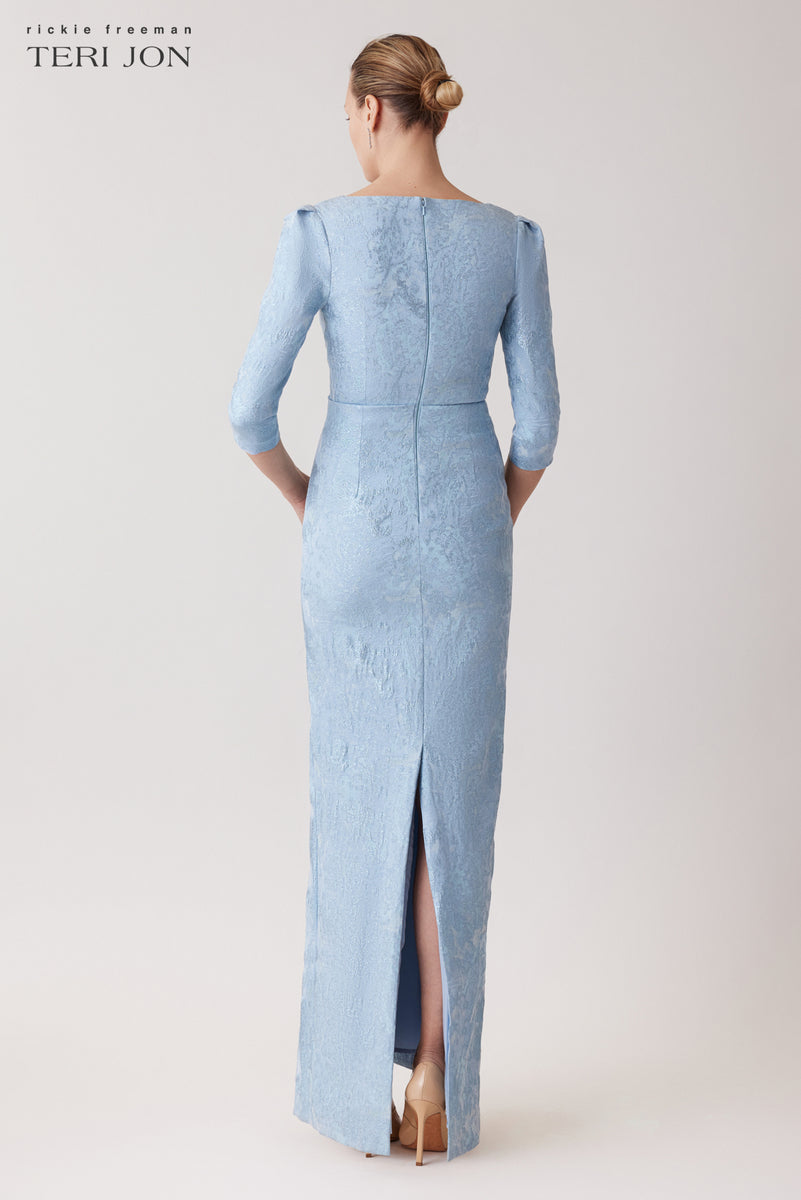 Stretch Jacquard 3/4 Sleeve V Neck Ruched Gown – Terijon.com Stretch Jacquard 3/4 Sleeve V Neck Ruched Gown – Terijon.com