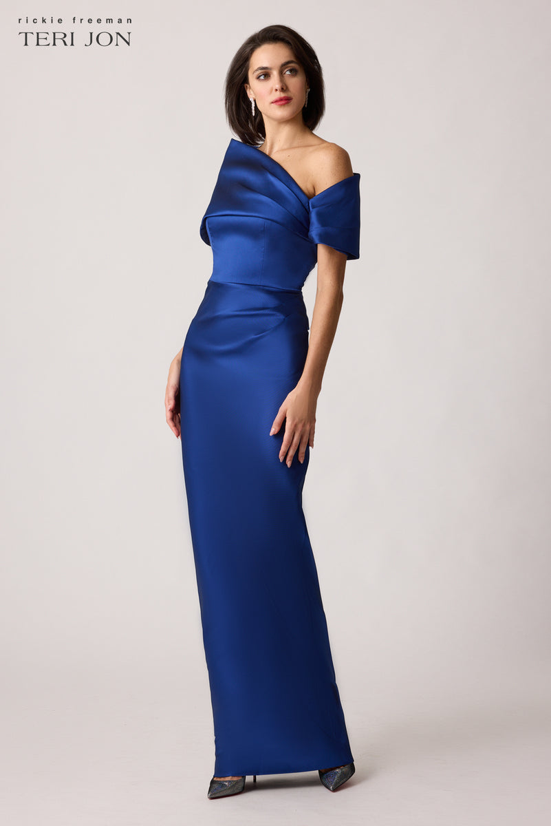 Stretch Mikado Asymmetrical Off Shoulder Cuff Gown – Terijon.com 