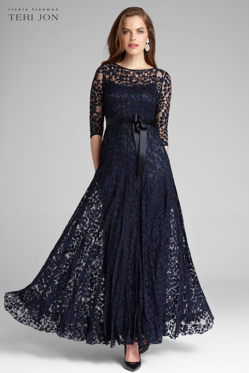 Teri Jon Black Lace Floor Length Evening Gown