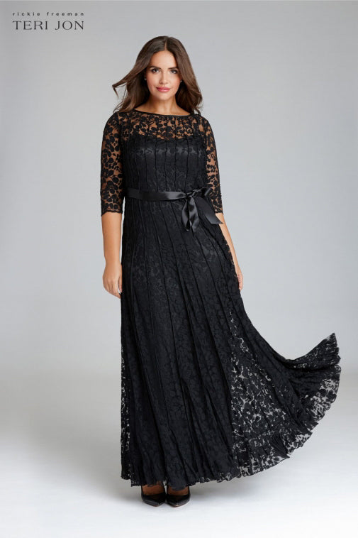 Teri Jon Black Lace Floor Length Evening Gown Teri Jon