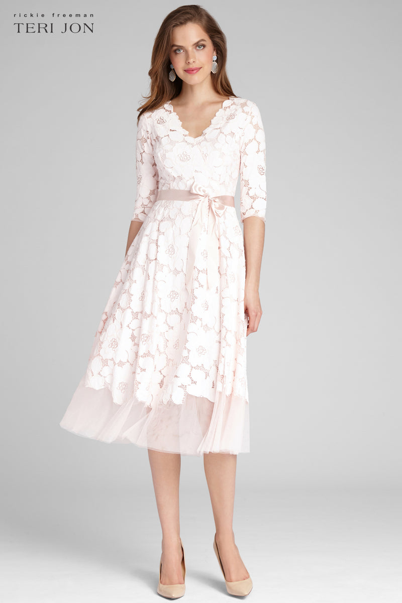3 4 Sleeve Lace and Tulle Fit And Flare Dress Teri Jon Terijon