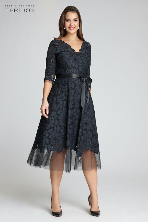 3/4 Sleeve Lace and Tulle Fit And Flare Dress | Teri Jon