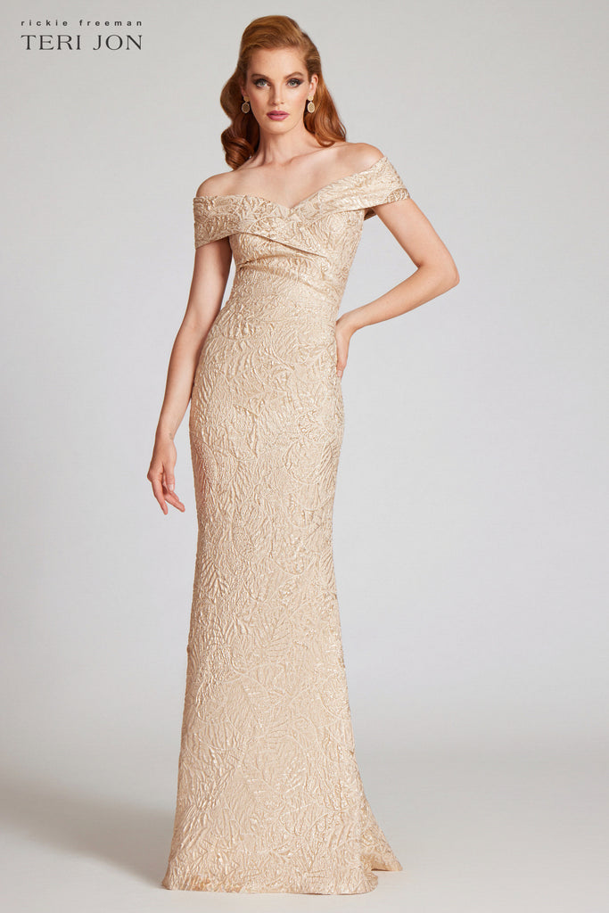 Metallic Jacquard Portrait Collar Side Drape Gown