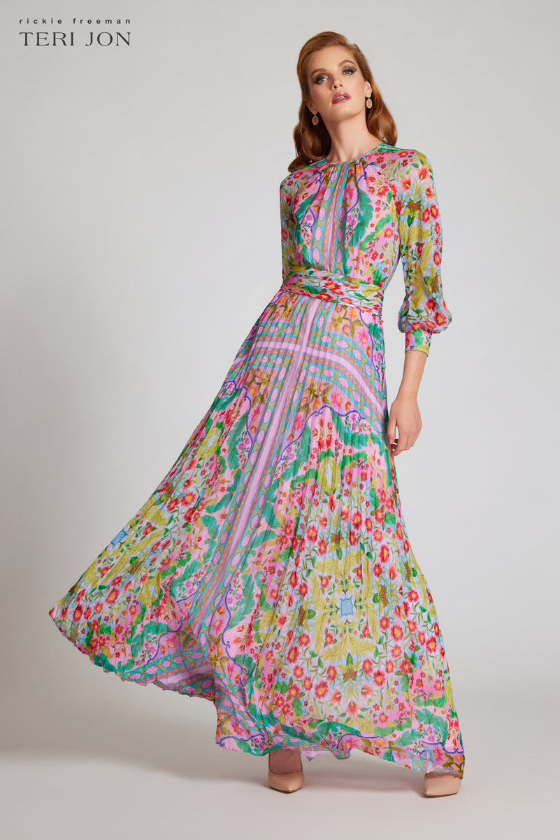 Patchwork Printed Chiffon Pleated Gown – Terijon.com