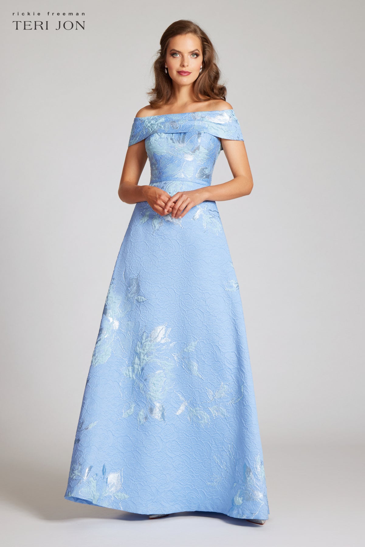 SHIP ESSENTIALS - Large Floral Pattern Jacquard Off the Shoulder Gown