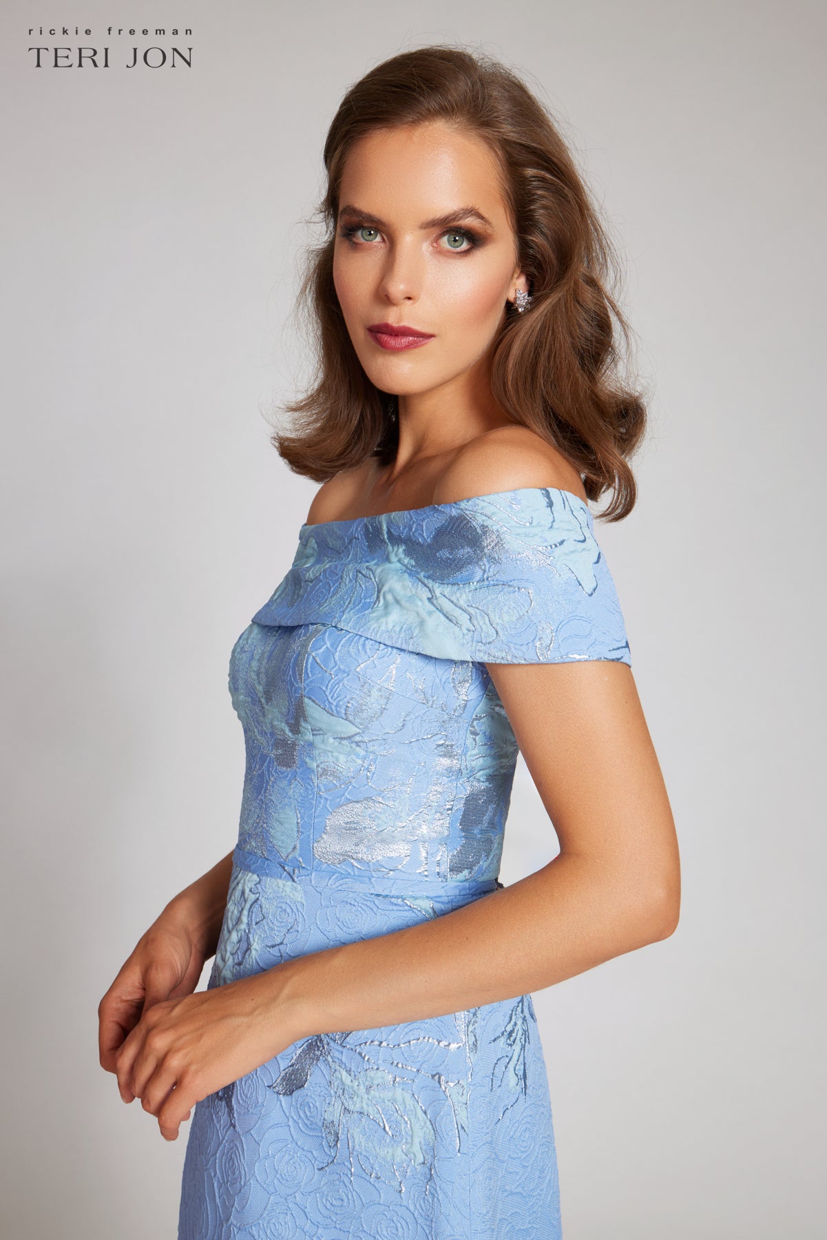 *Long Printed Jacquard Off the Shoulder Gown