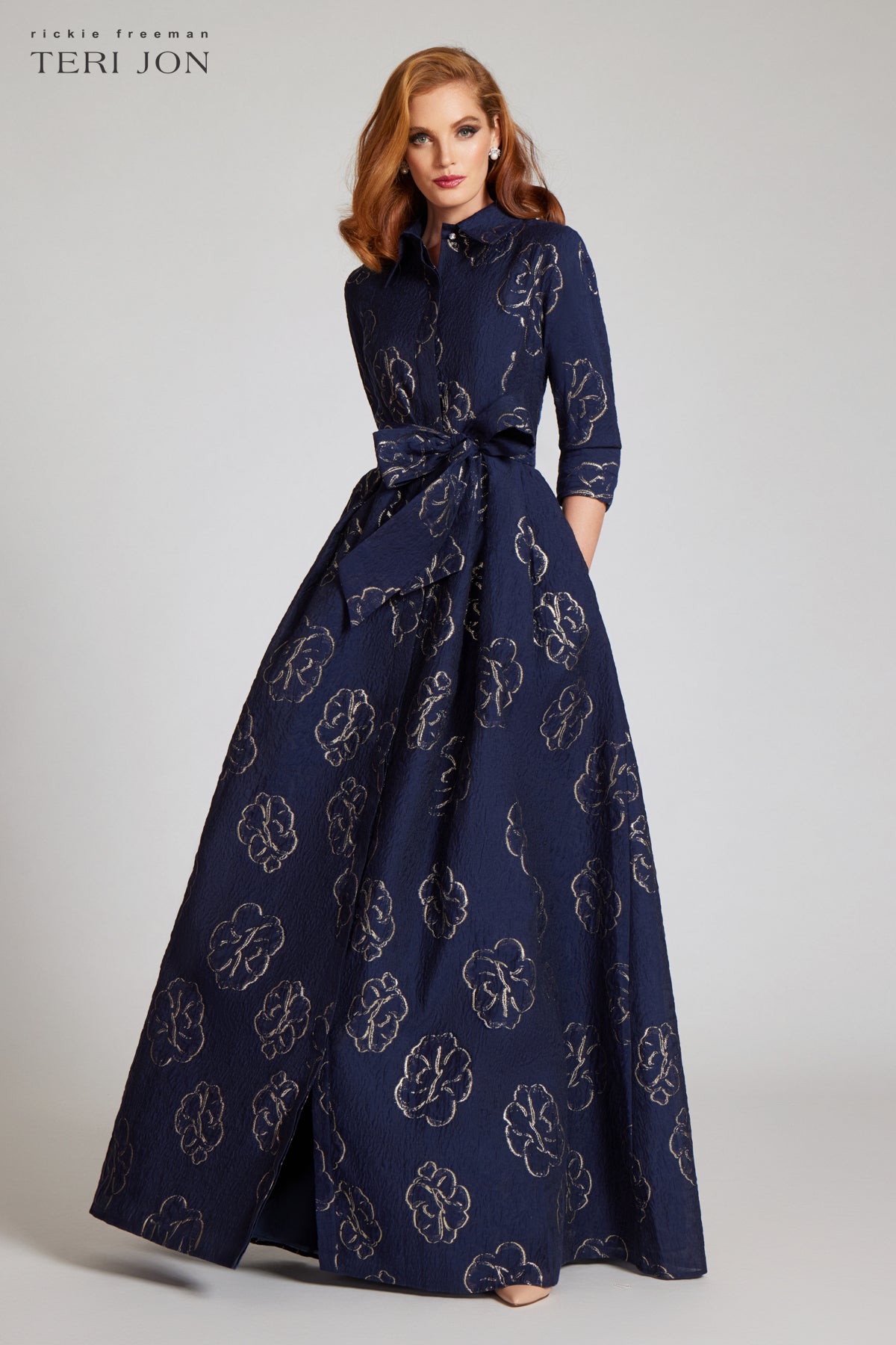 Metallic Flower Jacquard Shirt Waist Gown Terijon