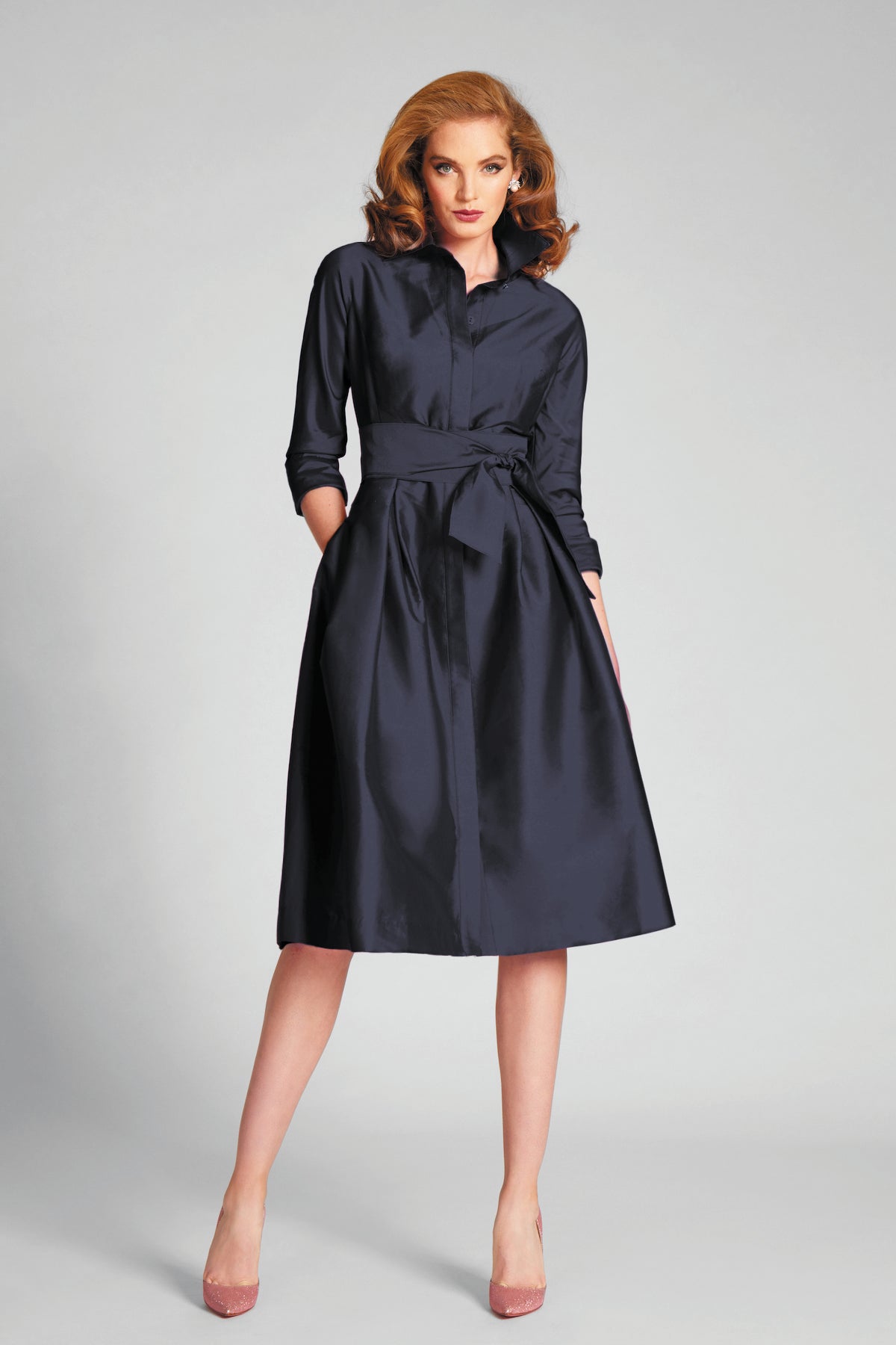 3/4 Sleeve Belted Taffeta Shirt Dress 3/4 Sleeve Belted Taffeta Shirt Dress
