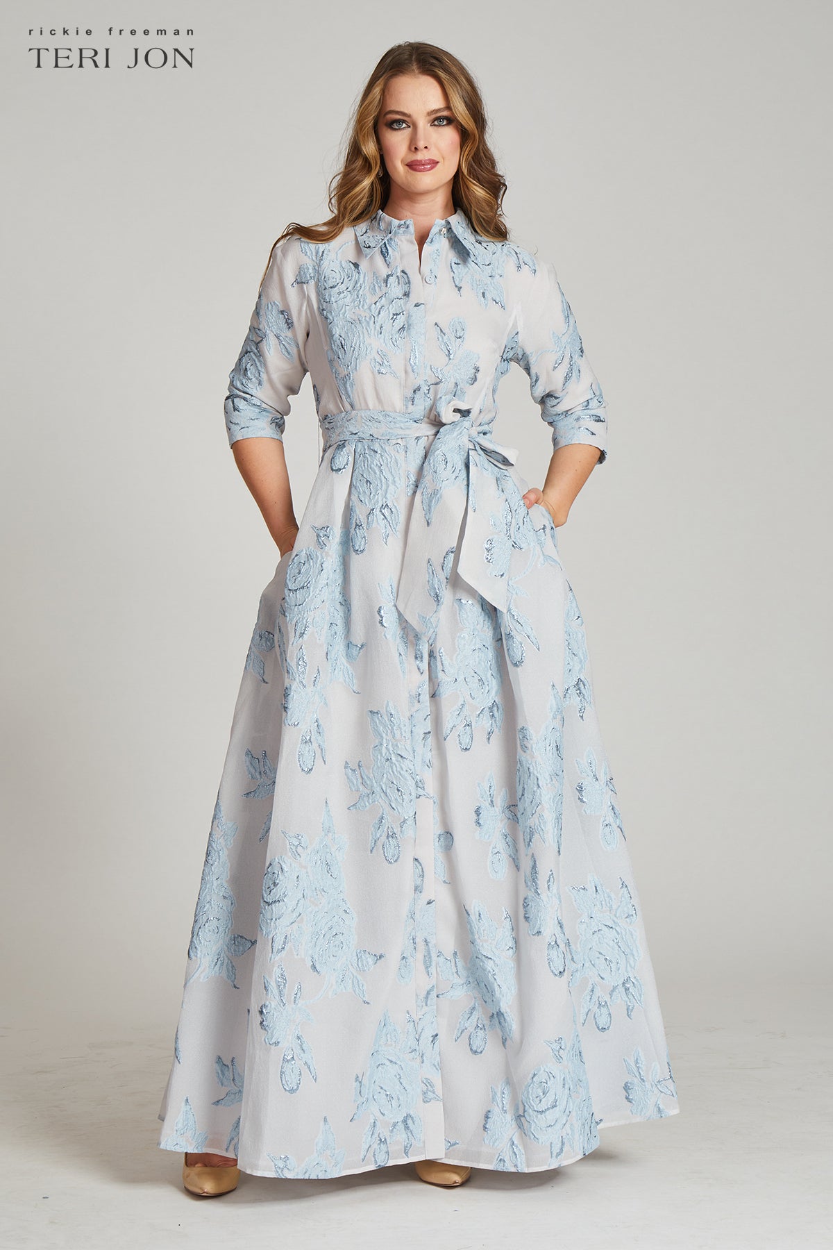Metallic Jacquard Shirtdress Gown with Floral Print | Teri Jon 