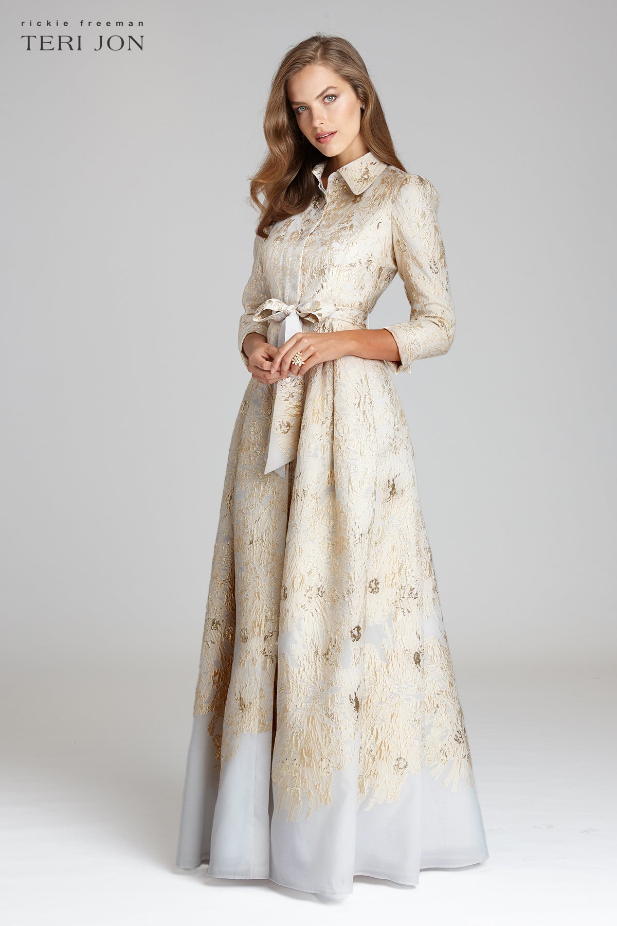 Rickie Freeman For Teri Jon Metallic Brocade Shirtdress Gown - Gold Rickie Freeman For Teri Jon Metallic Brocade Shirtdress Gown - Gold