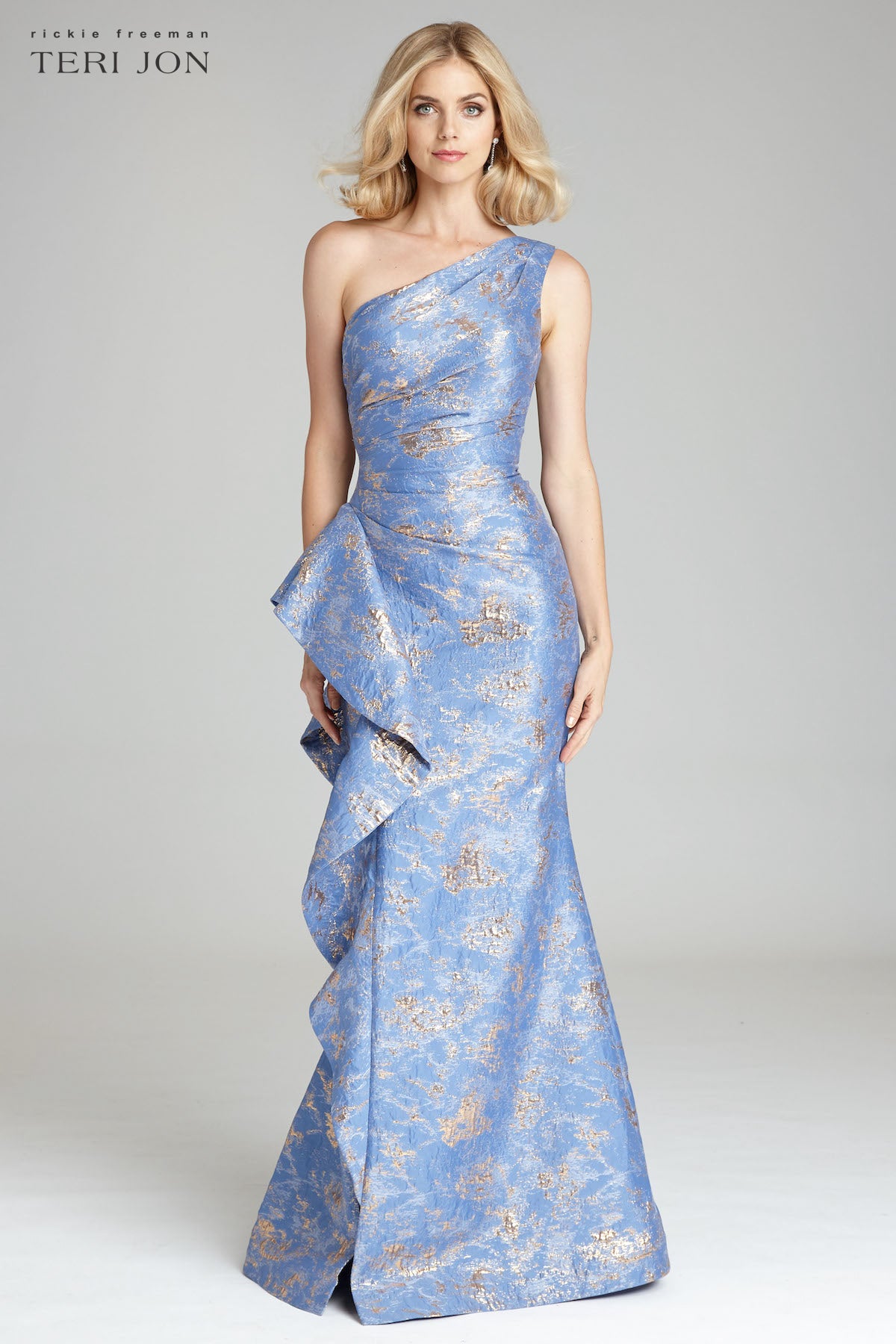 Teri Jon Metallic Jacquard One-Shoulder Gown - Sky Blue - 14 Teri Jon Metallic Jacquard One-Shoulder Gown - Sky Blue - 14
