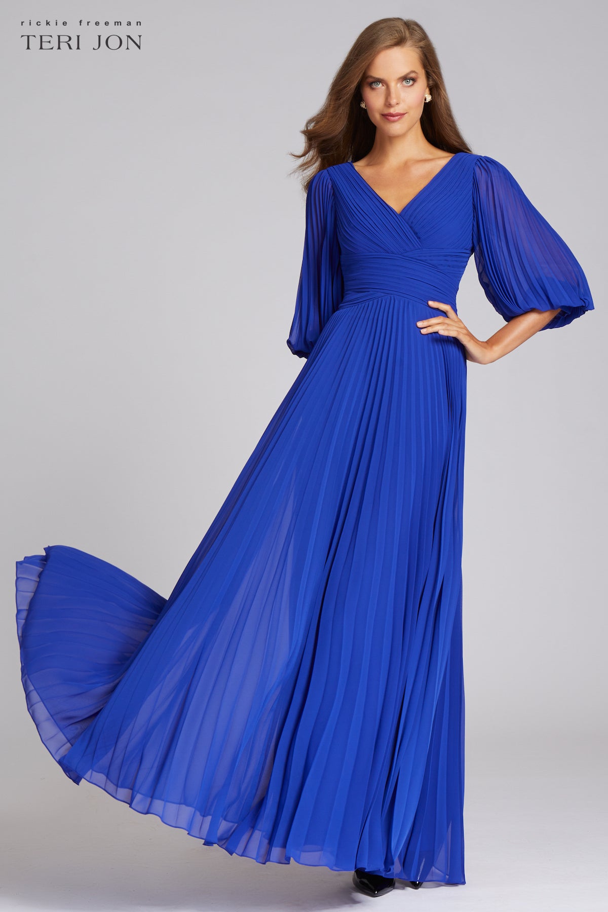 white christmas dresses Chiffon Puff Sleeve Pleated V-Neck Gown