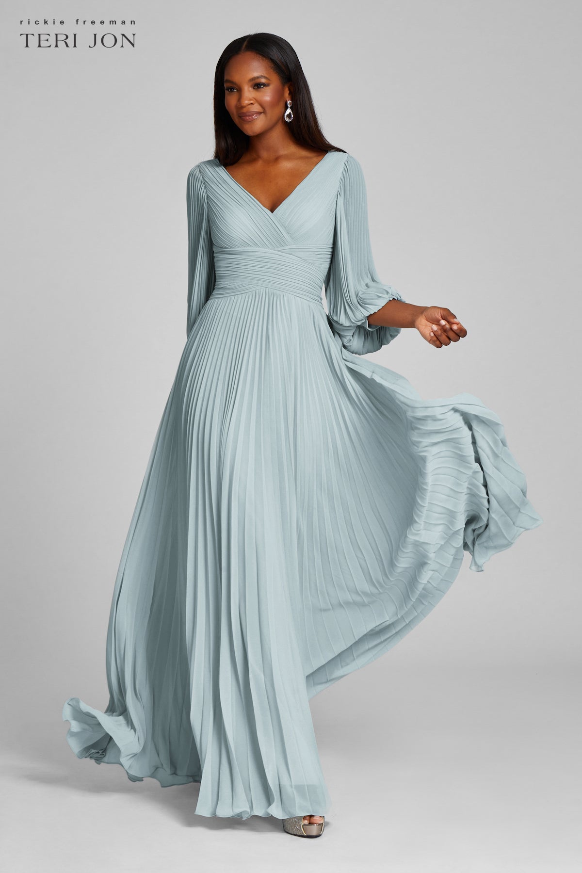 Mac Duggal Beaded V-Neckline Long Puff Sleeve A-Line Gown | Dillard's