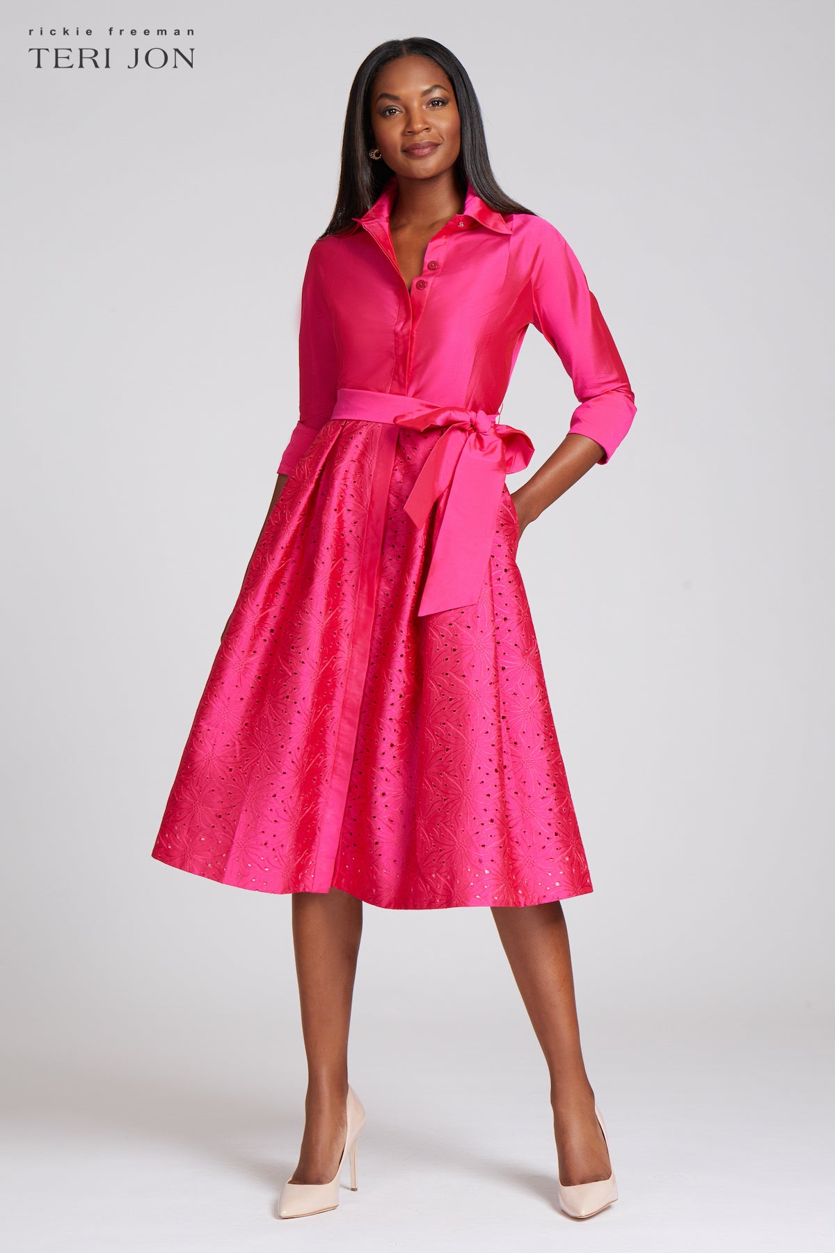 Teri Jon Embroidered Sash Belt Shirt Dress - Hot Pink - 12
