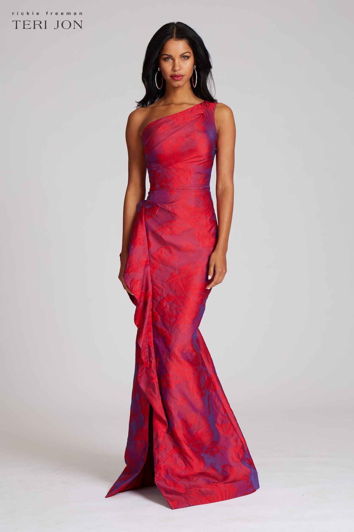 Teri Jon Jacquard One Shoulder Ruched Side Peplum Gown Size 0 Teri Jon Jacquard One Shoulder Ruched Side Peplum Gown Size 0