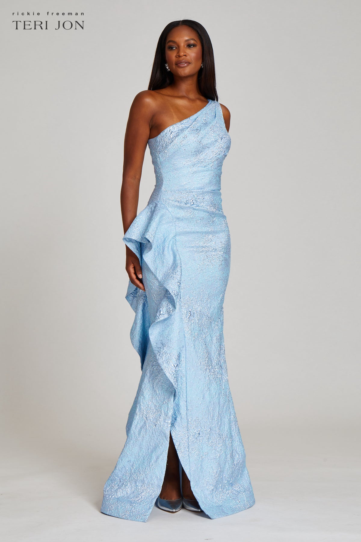 Jacquard One Shoulder Side Ruffle Gown | Teri Jon – Terijon.com