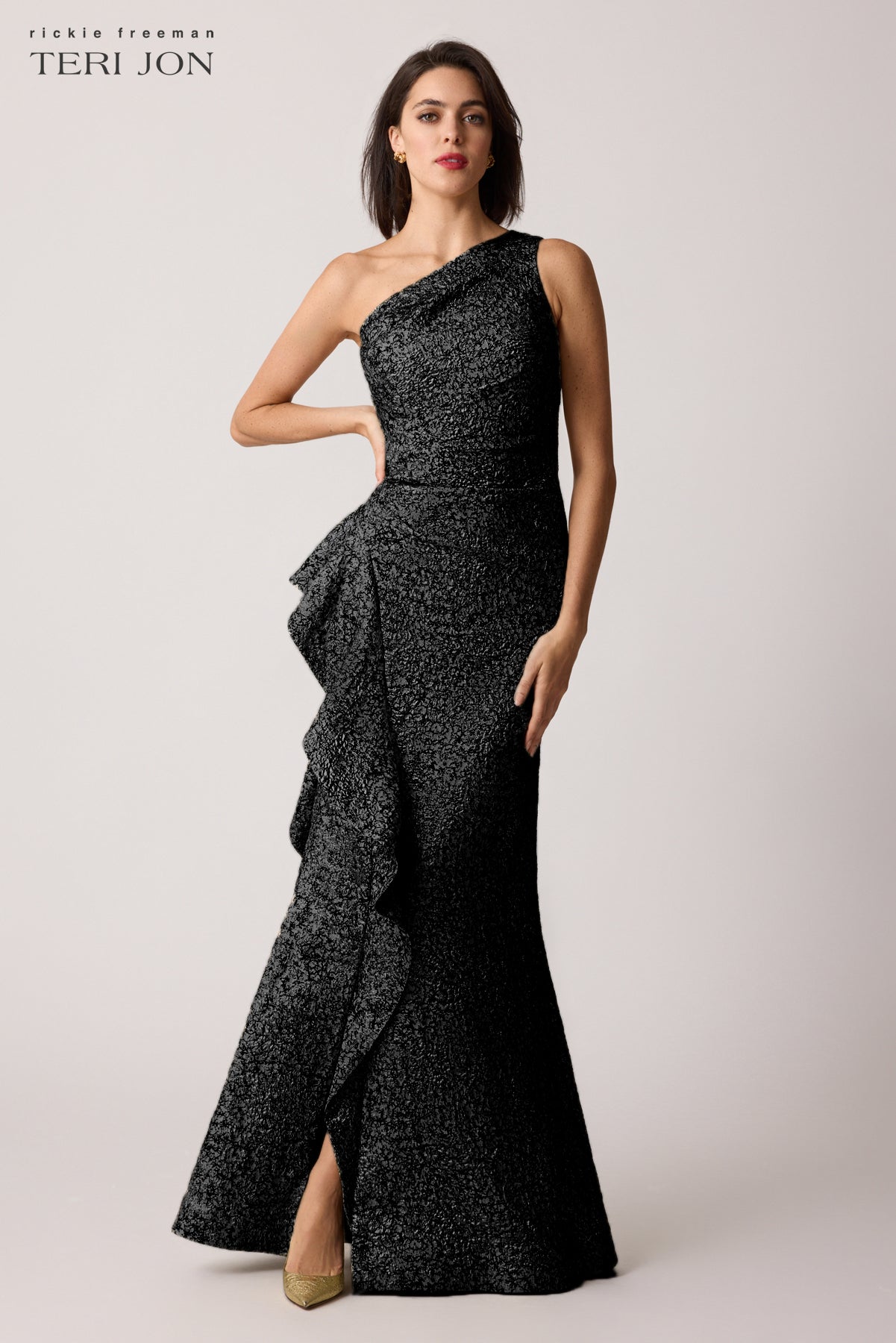 Jacquard One Shoulder Side Ruffle Gown | Teri Jon – Terijon.com
