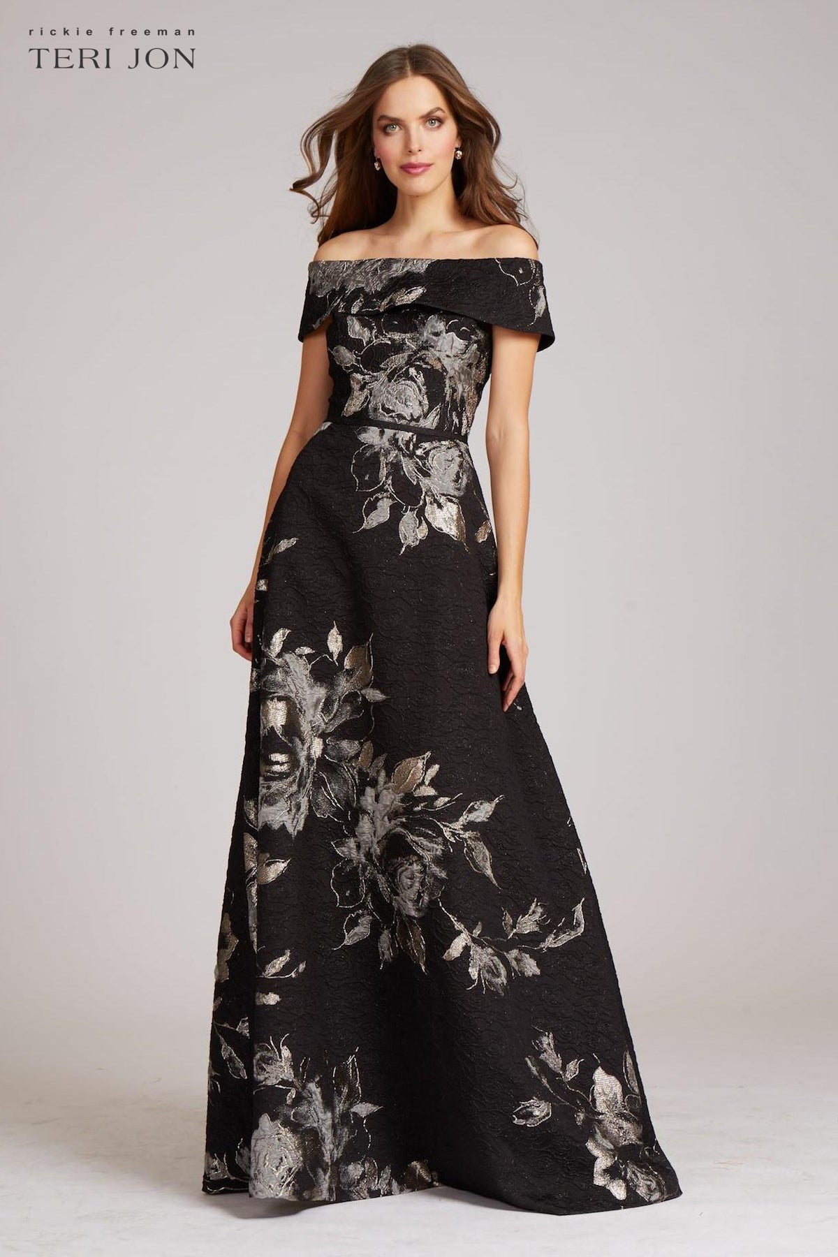 green emerald velvet dress Teri Jon by Rickie Freeman Women's Off-The-Shoulder Metallic Floral Jacquard Gown - Black - Size 10
