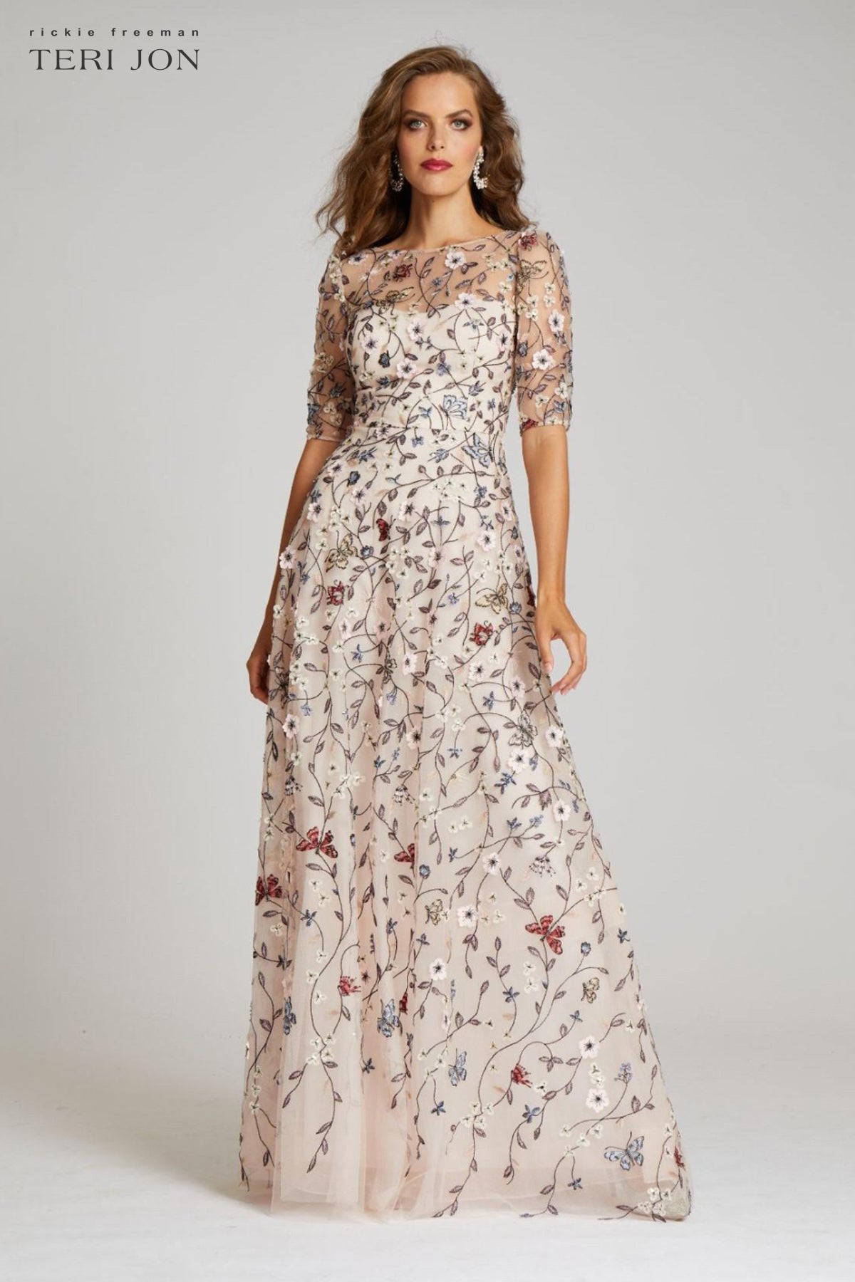Teri Jon by Rickie Freeman Women's Floral Embroidered Gown - Blush Multi - Size 14 Teri Jon by Rickie Freeman Women's Floral Embroidered Gown - Blush Multi - Size 14