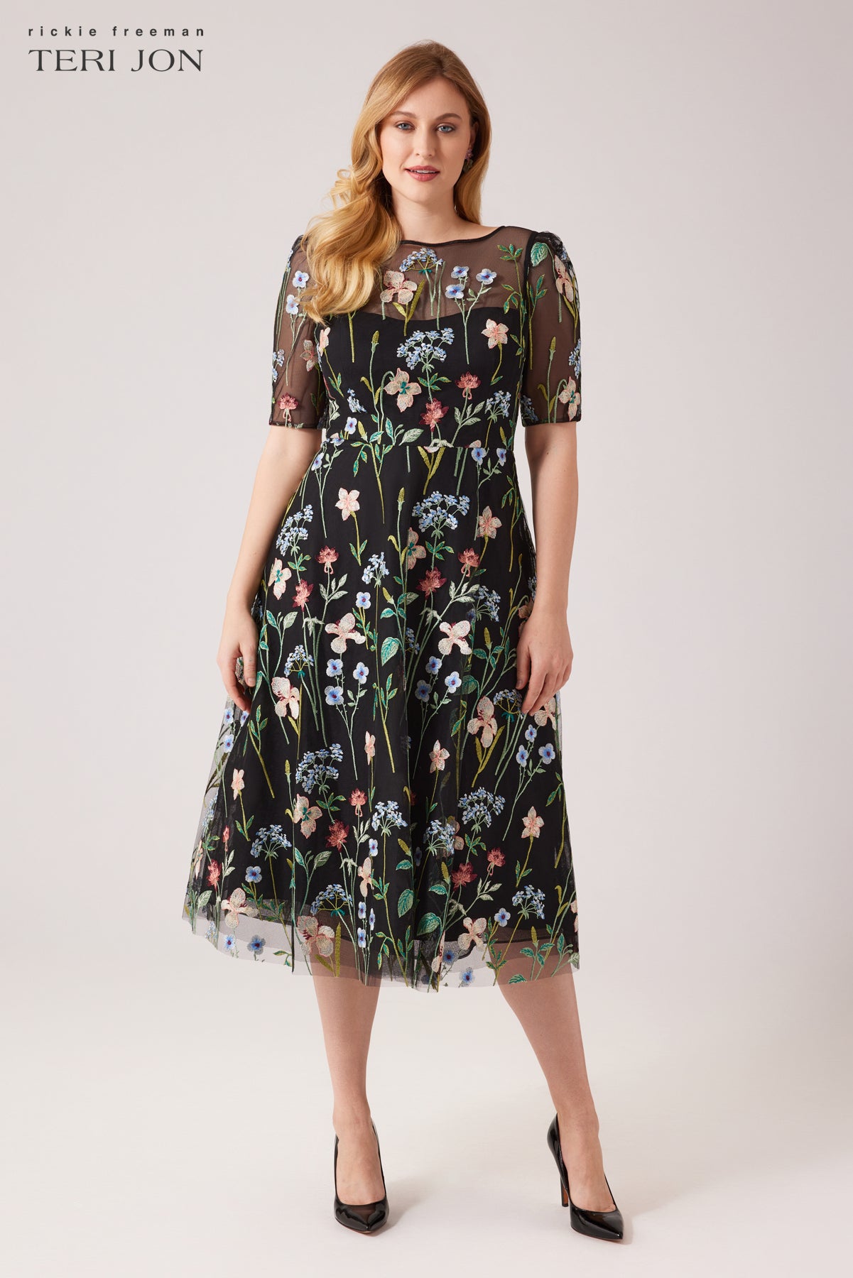 Teri Jon Embroidered Tulle Dress With Floral Print Size 16