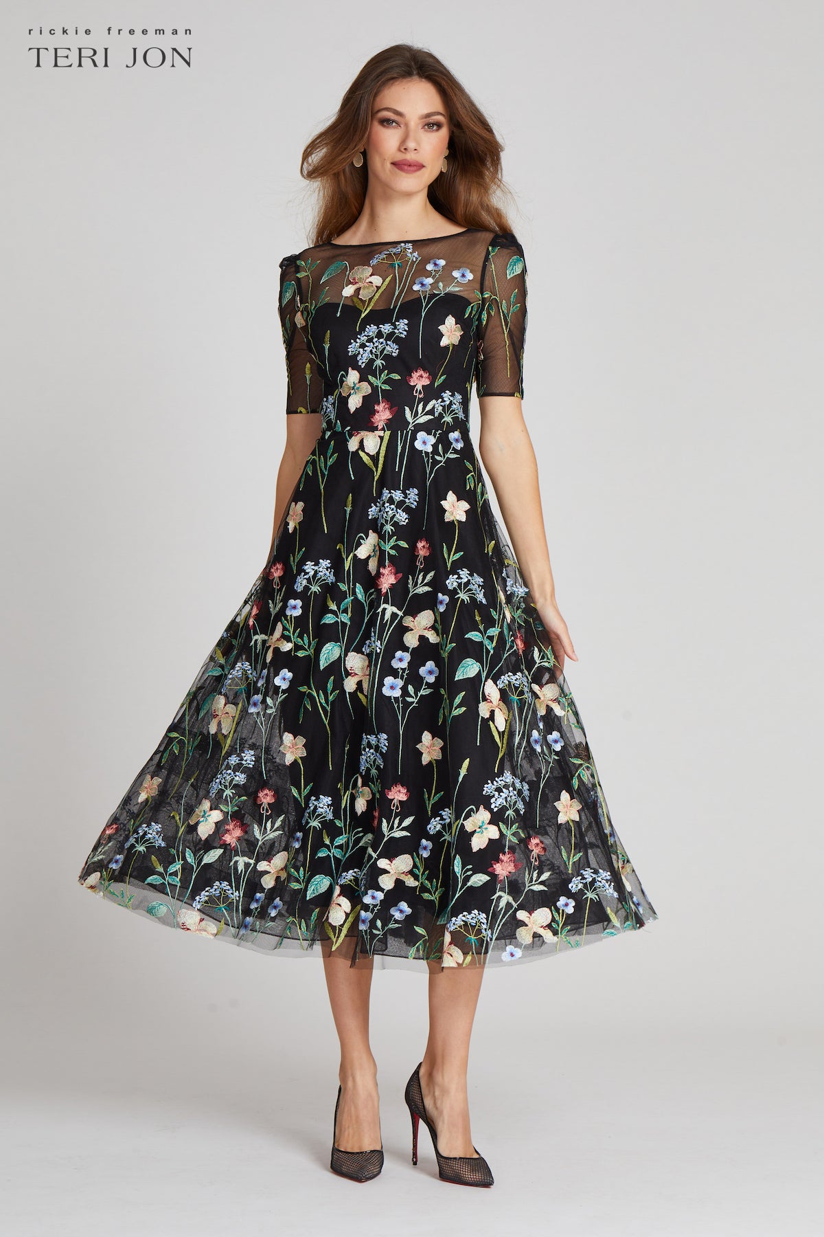 Embroidered Tulle Dress With Floral Print –