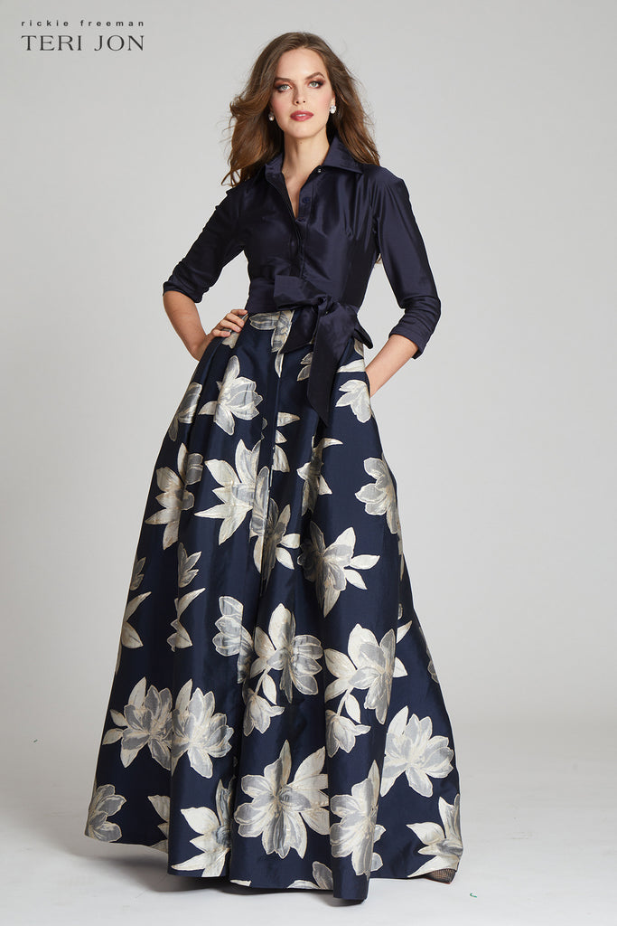 Shirt Waist Jacquard Gown with Large Floral Print Skirt – Terijon.com