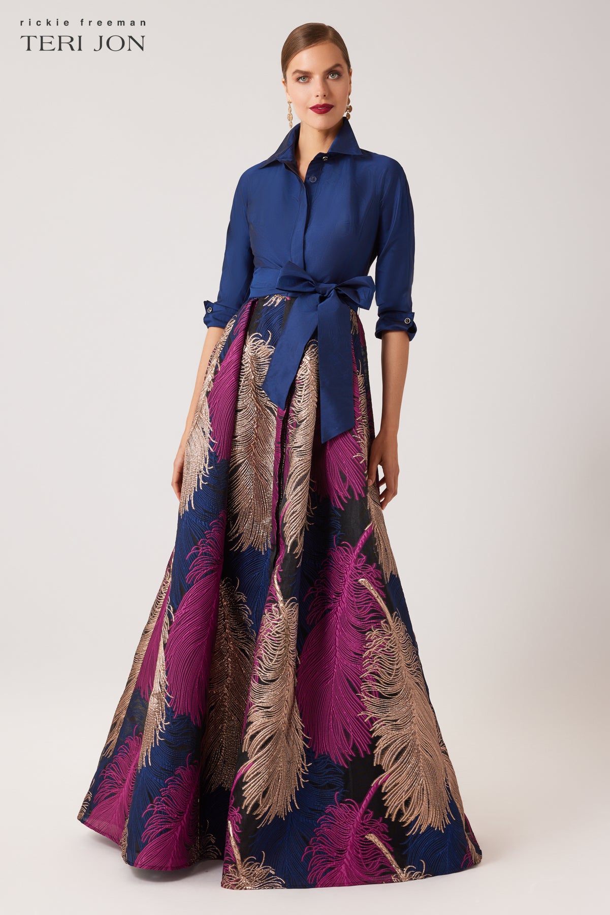 Taffeta Shirt Gown With Feather Pattern | Teri Jon – Terijon.com