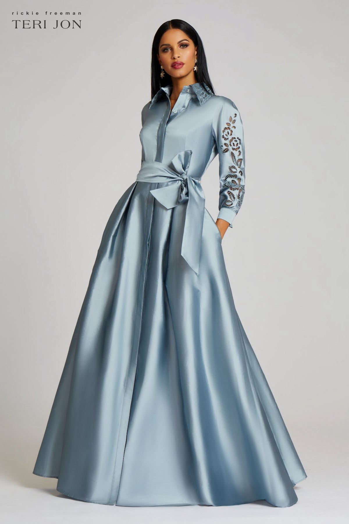 Teri Jon Taffeta Shirtdress Gown with Eyelet Detail Size 8
