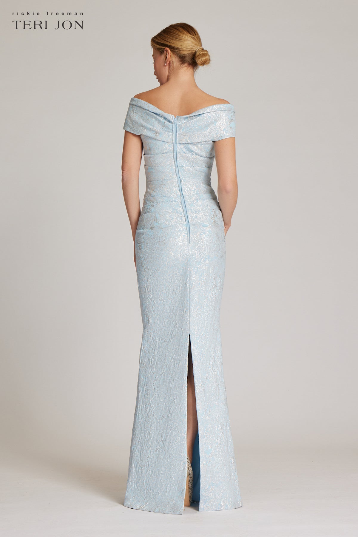 Stretch Metallic Jacquard Off the Shoulder Gown