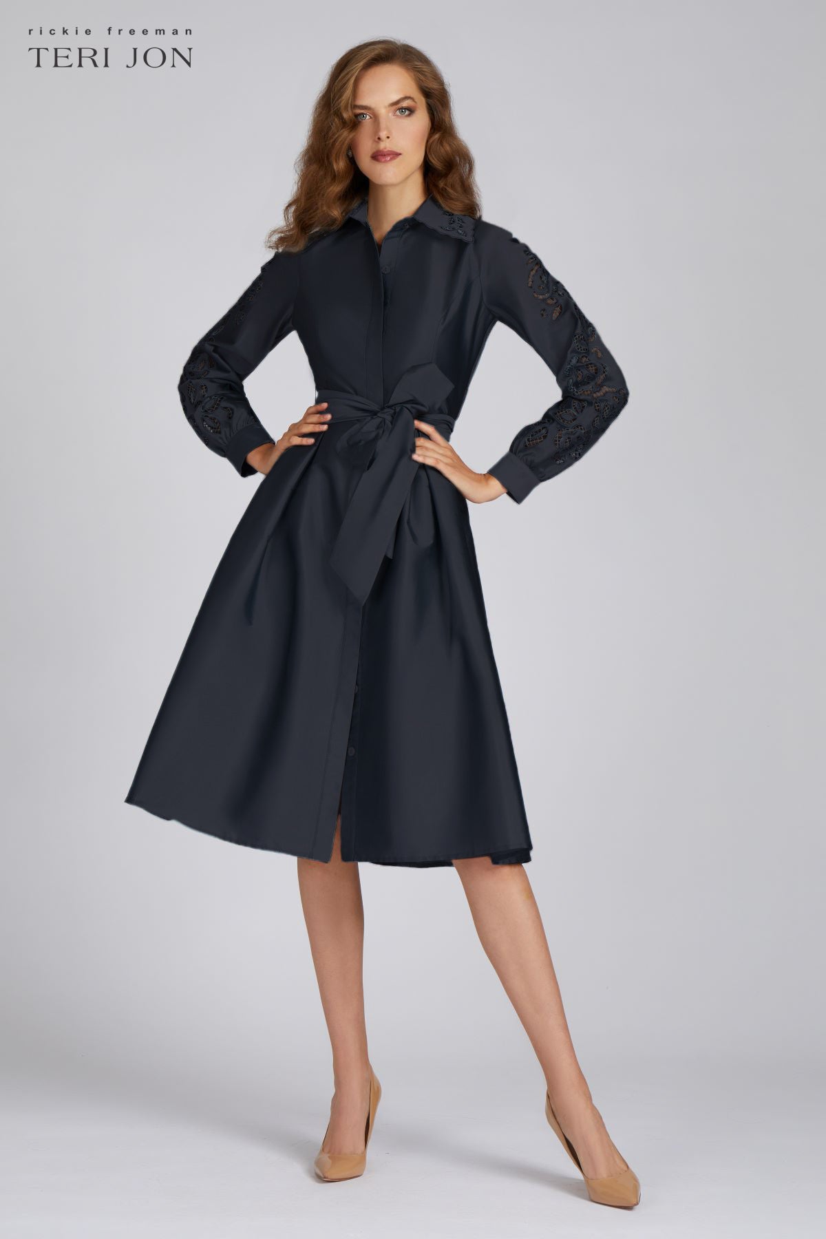 collar t shirt dress Taffeta Eyelet Collar and Sleeve Shirt Dress