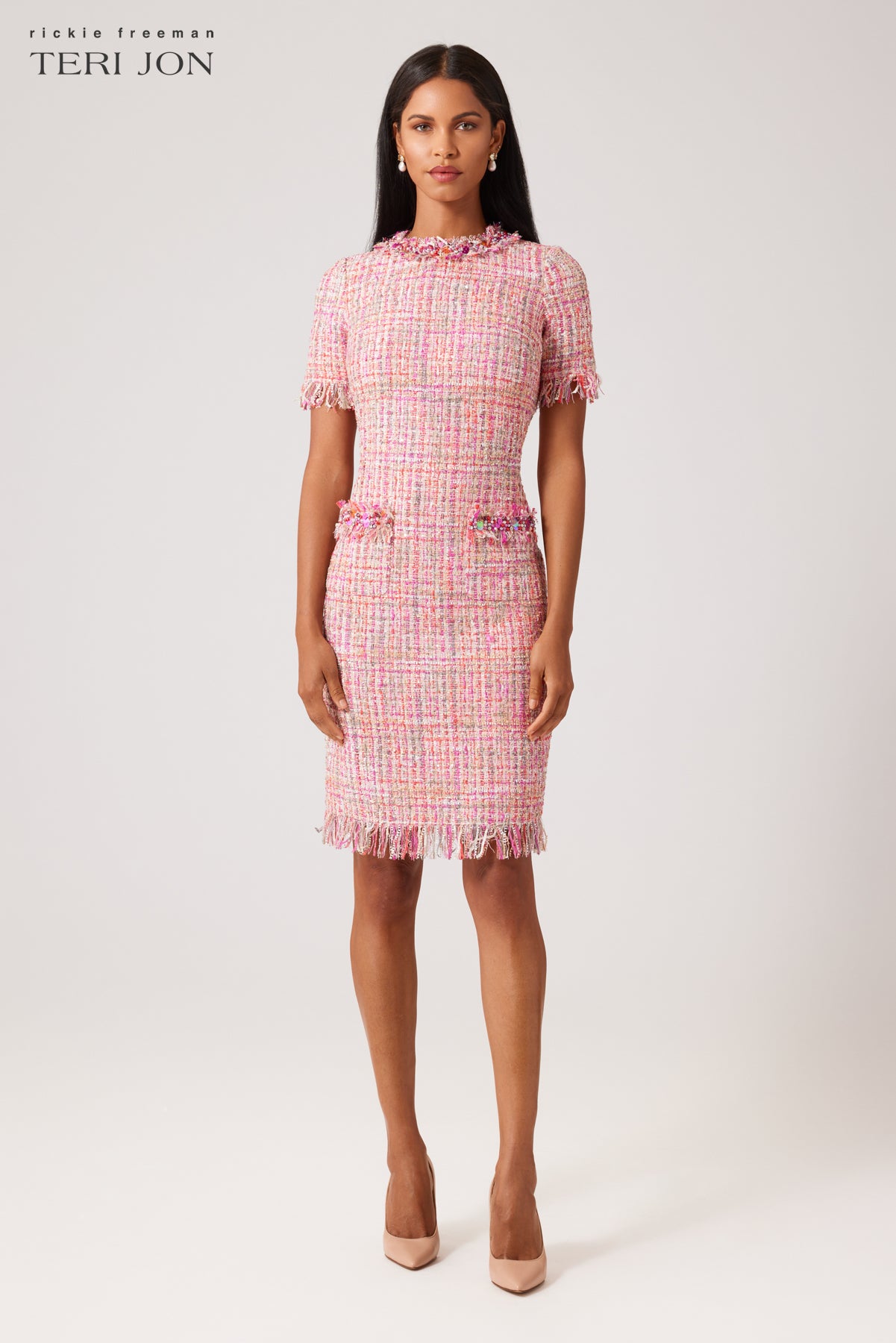 Tweed Sheath Dress With Bead Trim Tweed Sheath Dress With Bead Trim