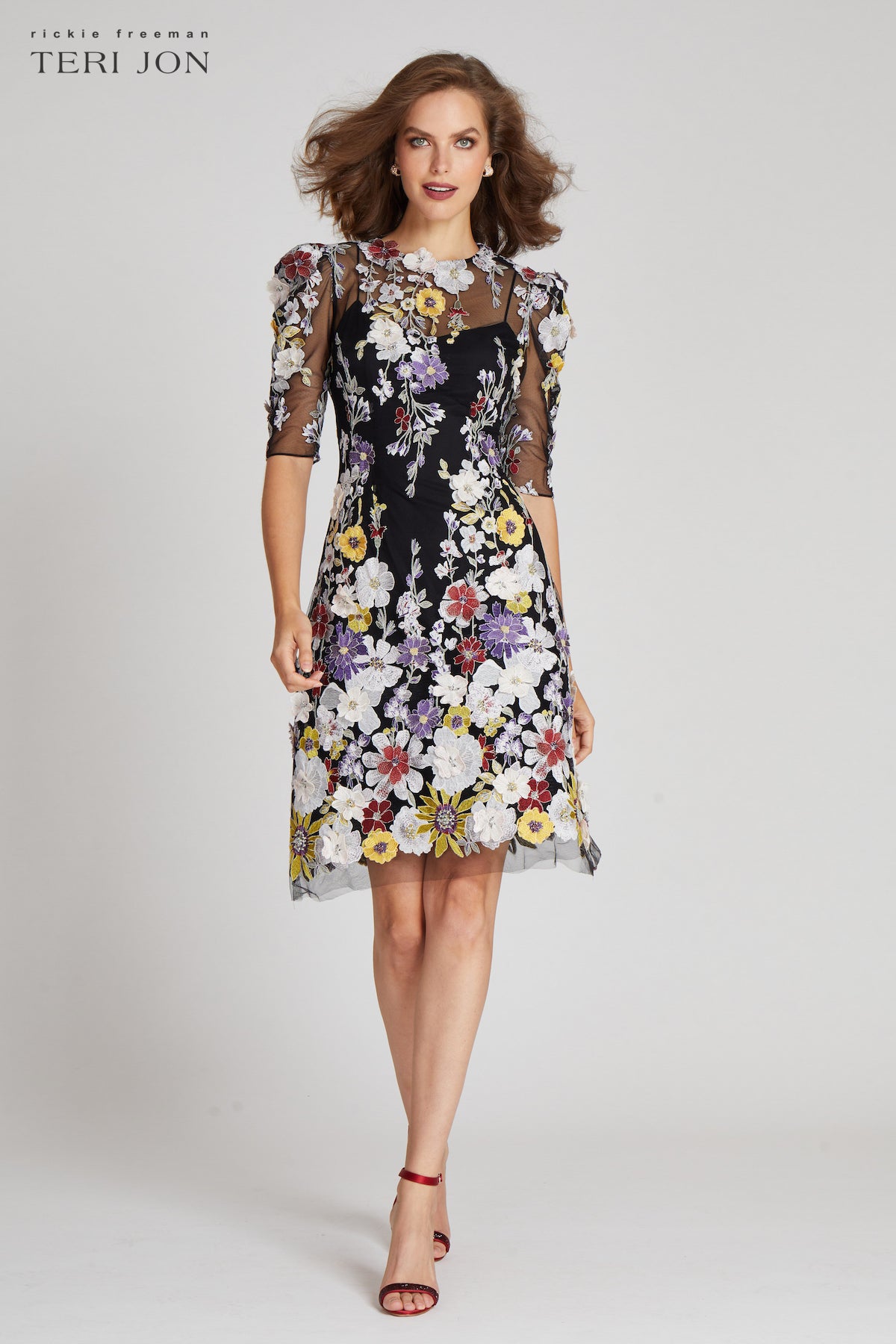 Elbow Sleeve 3D Flower Embroidered Tulle Dress –