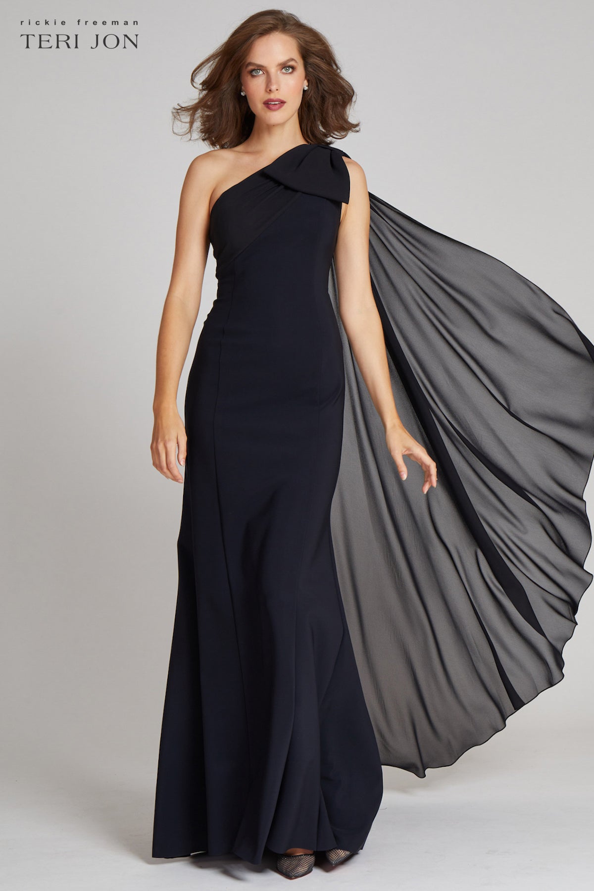 Victorian Embellished One-Shoulder Cape Chiffon Gown