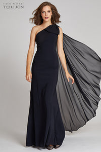 One Shoulder Scuba Gown With Chiffon Cape