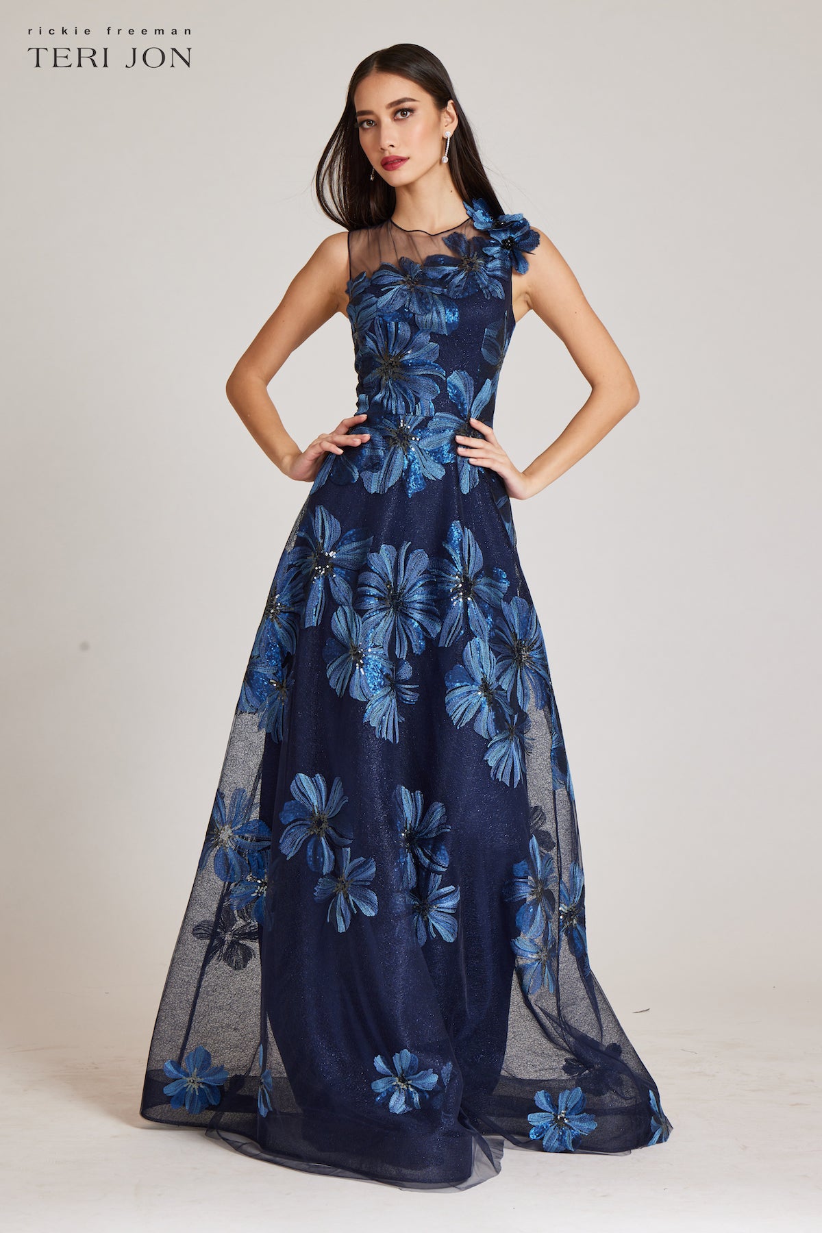 Floral Embroidered Tulle Gown With 3D Flower –