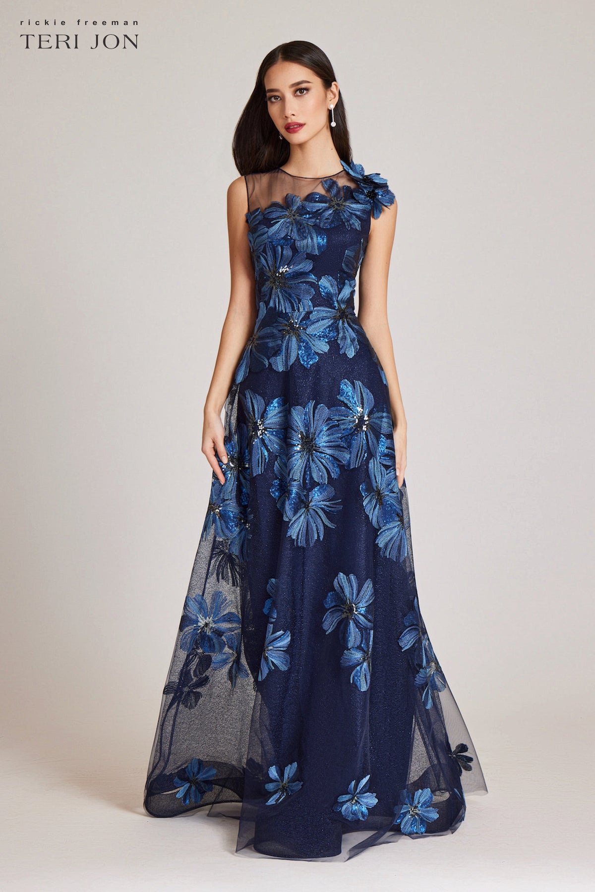Floral Embroidered Tulle Gown With 3D Flower –