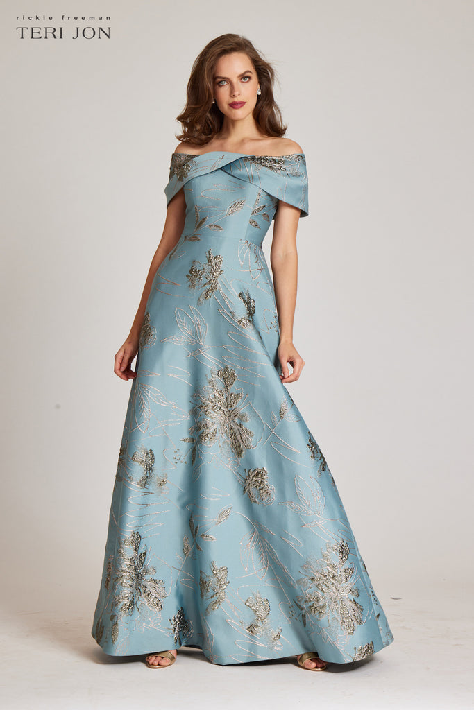 Off Shoulder Metallic Jacquard A Line Skirt Gown – Terijon.com