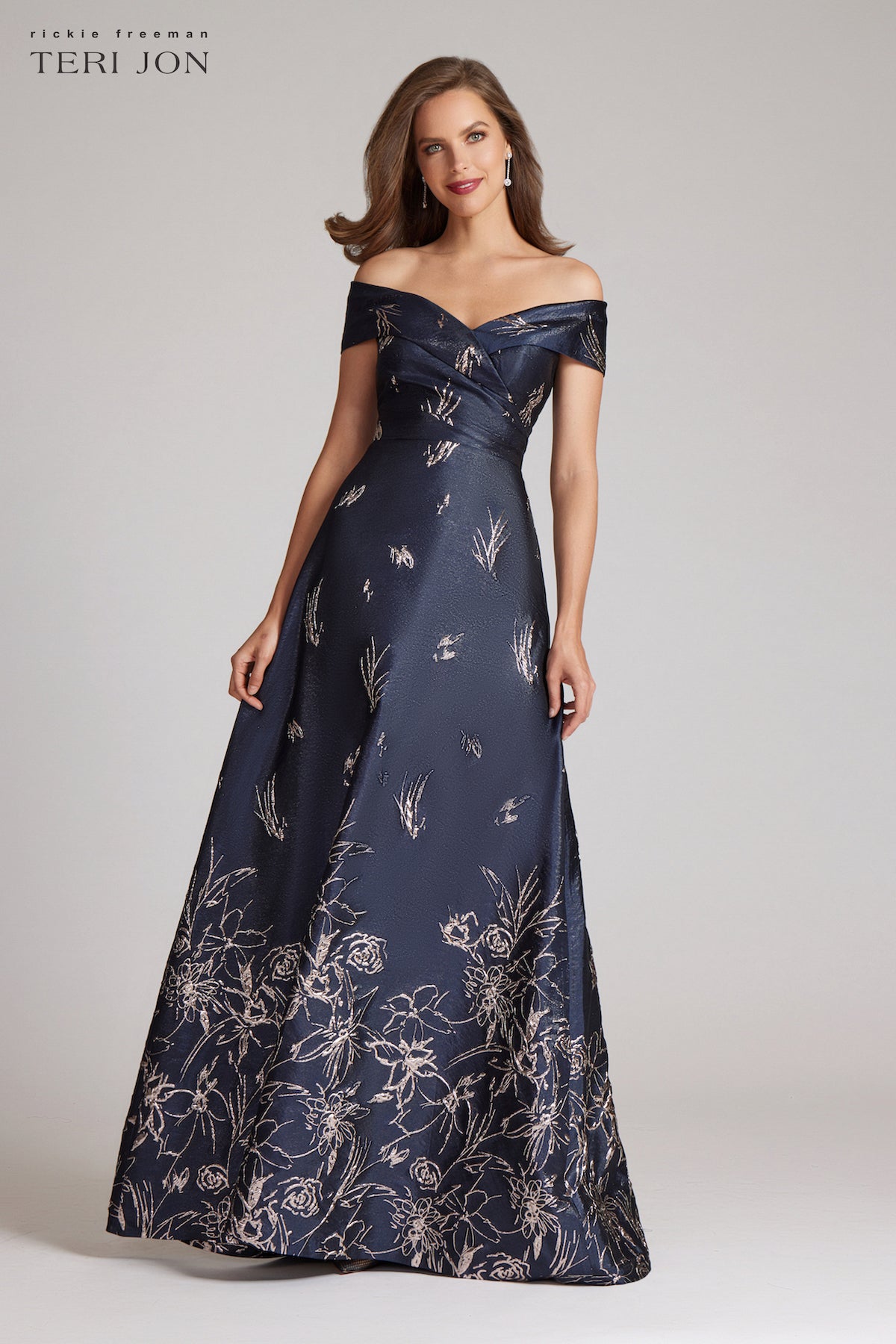 Metallic Floral Print Jacquard Gown With Off The Shoulder Neckline In