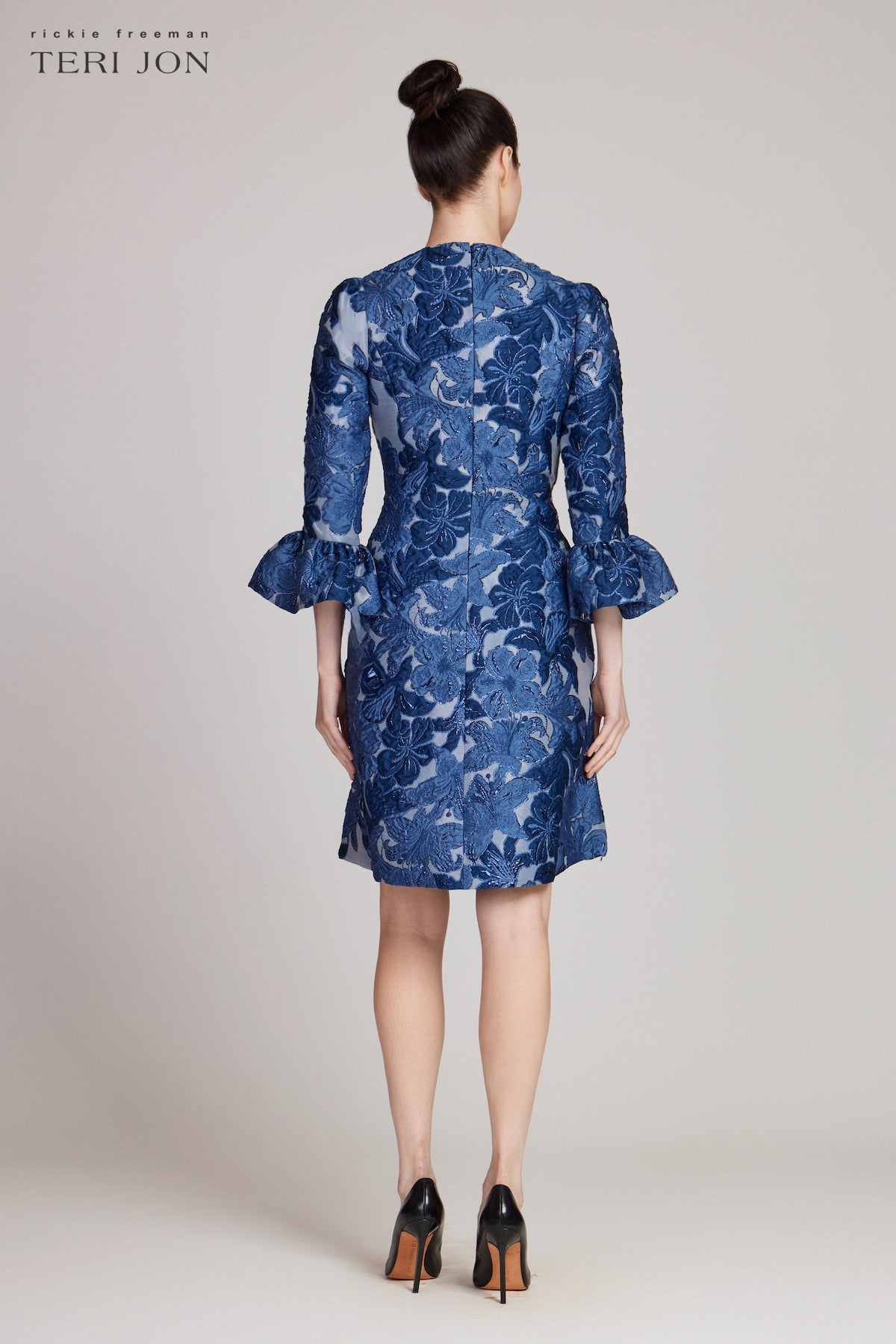 Jacquard Floral 3/4 Sleeve Flounce Cuff Dress –