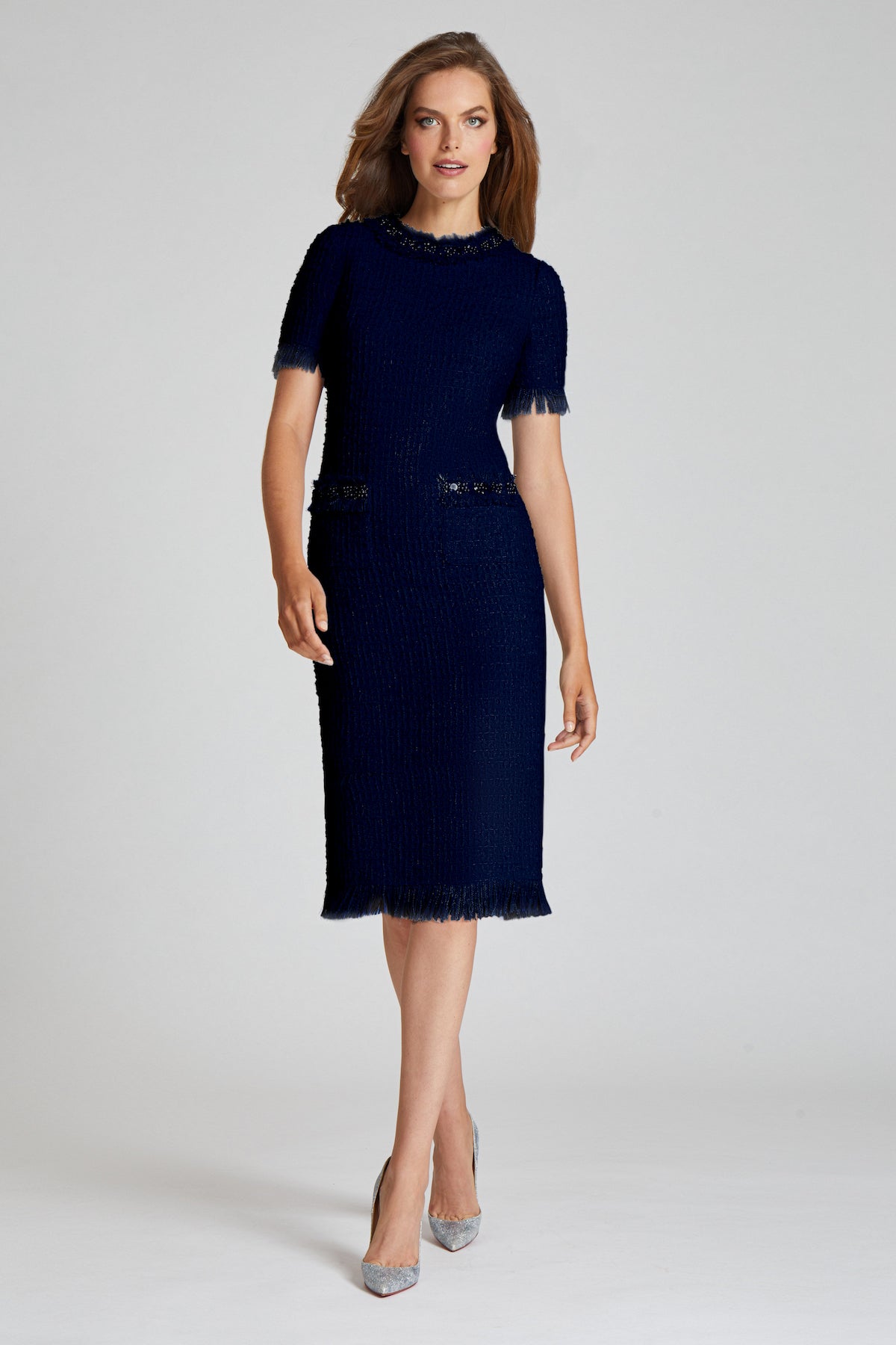 Tweed Fringe Bead Trim Pocket Dress – Terijon.com