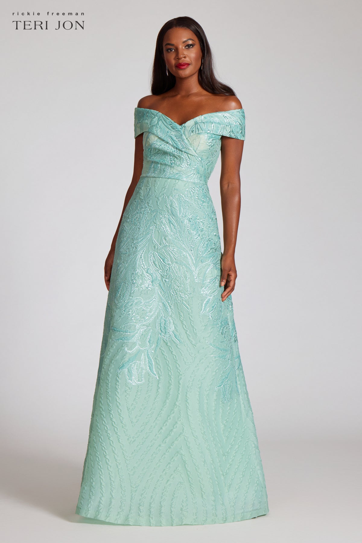 Off The Shoulder Textured Metallic Jacquard Gown Terijon