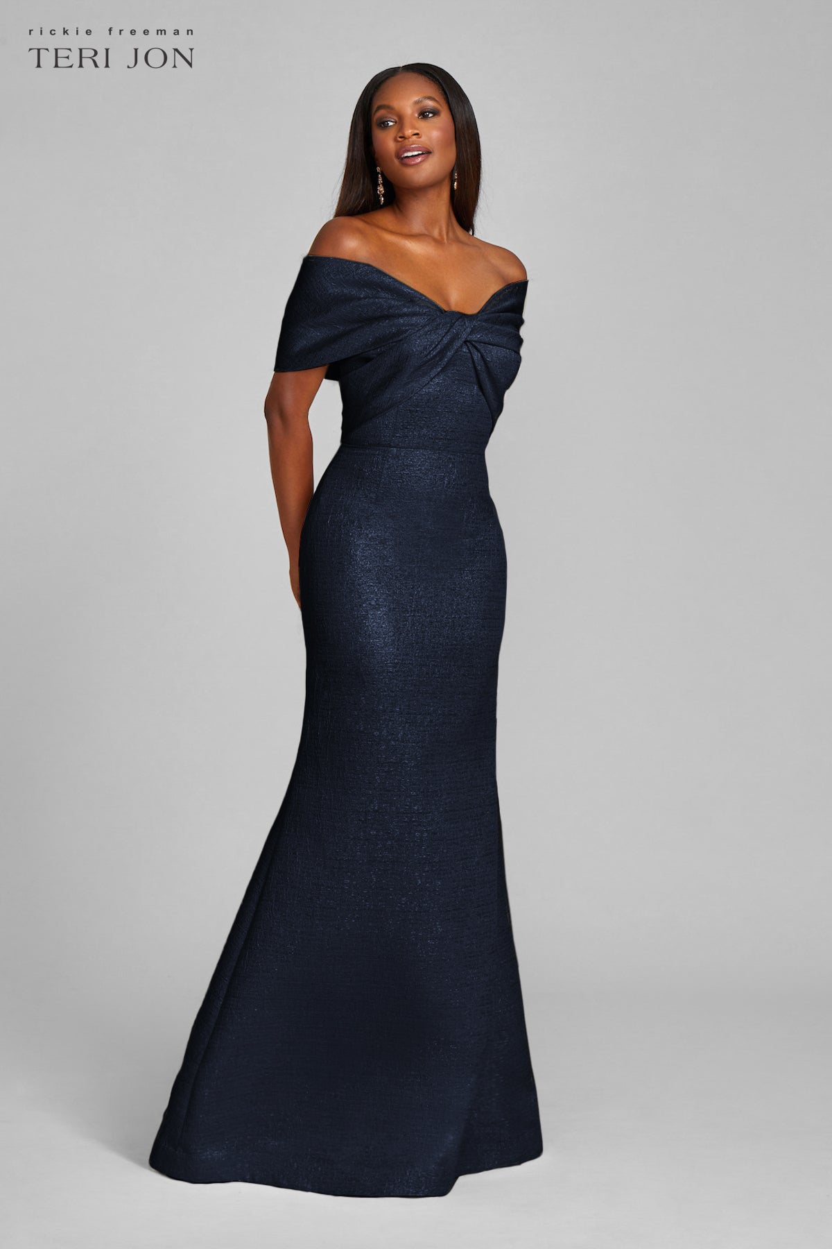 Teri Jon Metallic Jacquard Twist Bodice Off The Shoulder Gown Size 8