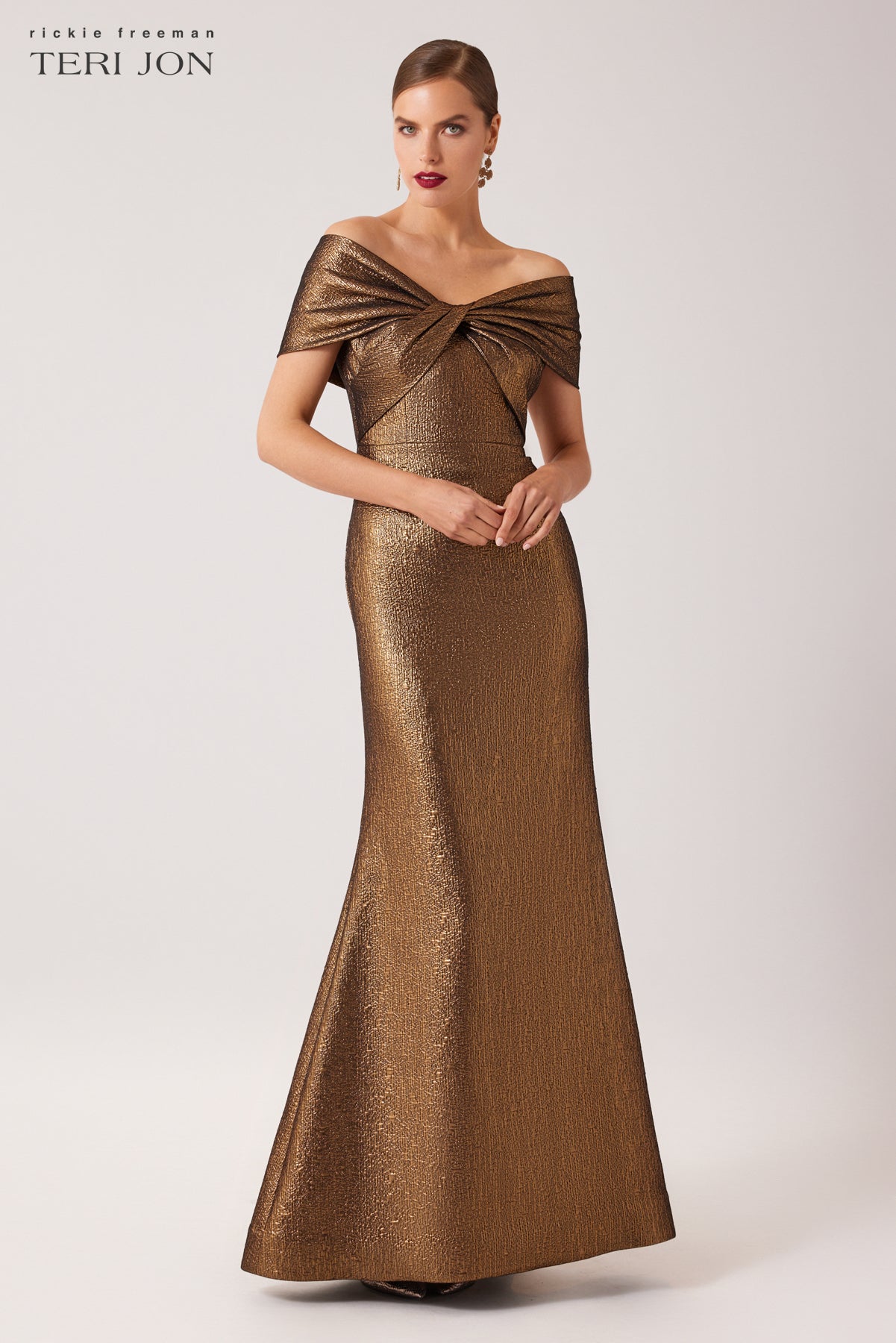 Metallic Jacquard Twist Bodice Off The Shoulder Gown